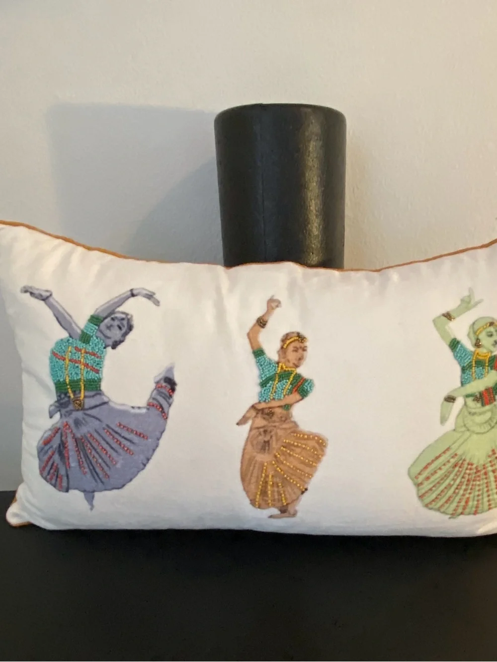 Embroidered Dance Motif Lumbar Pillow - White with Multicolor Figures